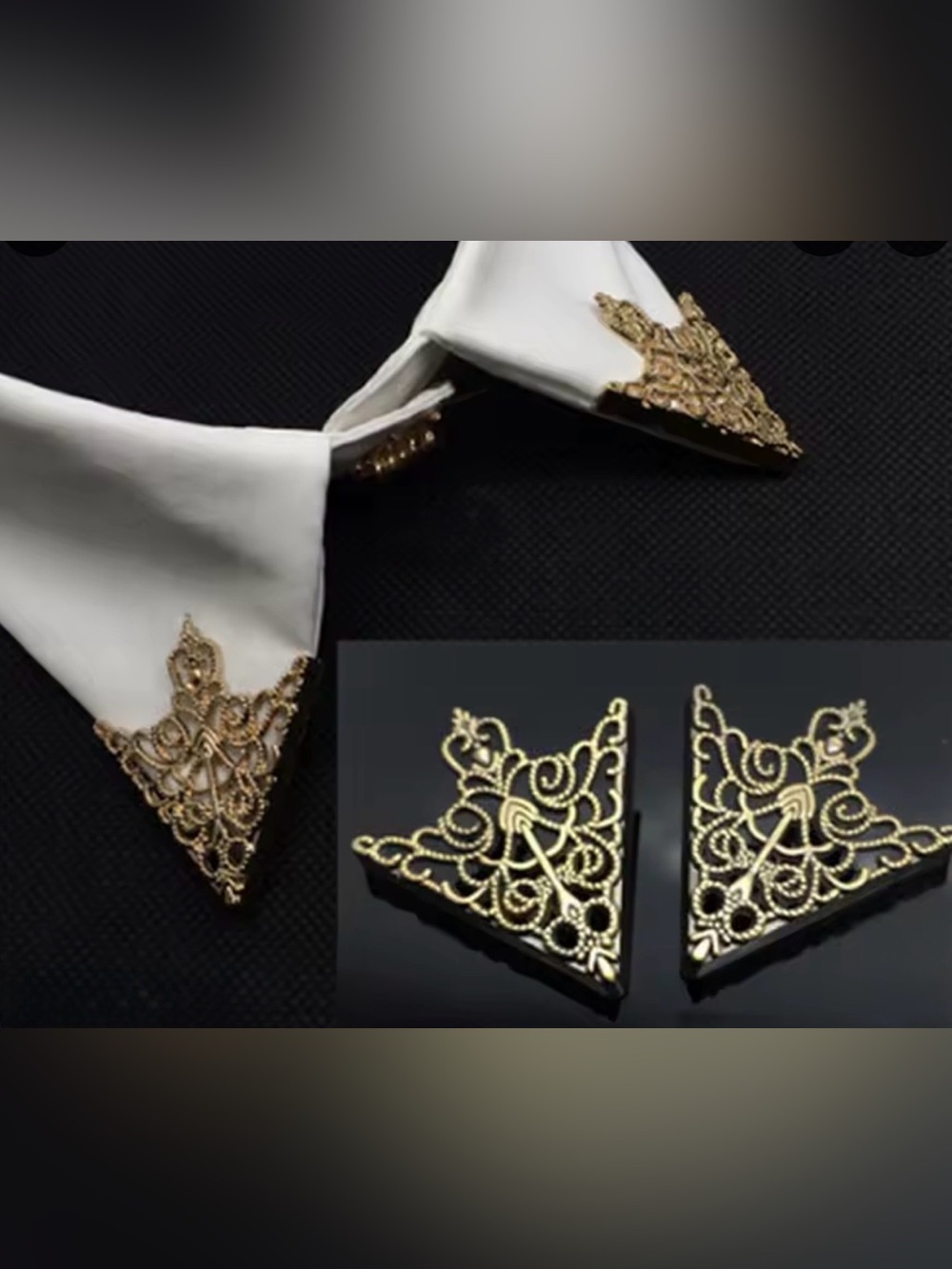 Gold Filigree Collar Tips - White Collar Accessory